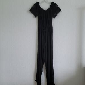 HINT OF BLUSH Romper Jumpsuit Crochet & Gauze Boho Wide Leg Size Small Black